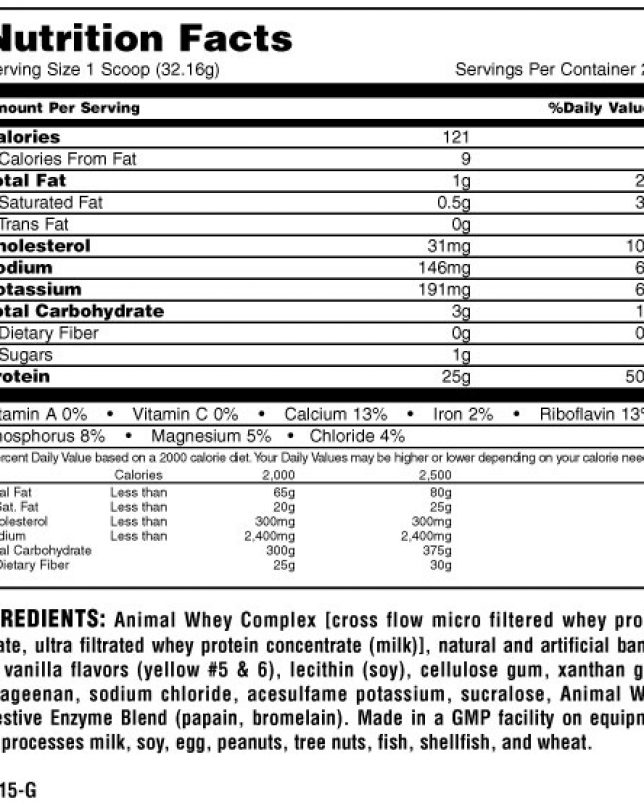 Informatii nutritionale Animal Whey 900 gr